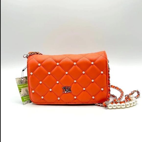 Badgley Mischka Handbags - Badgley Mischka Diamond Quilted Crossbody Bag w/Pearls Coral NEW